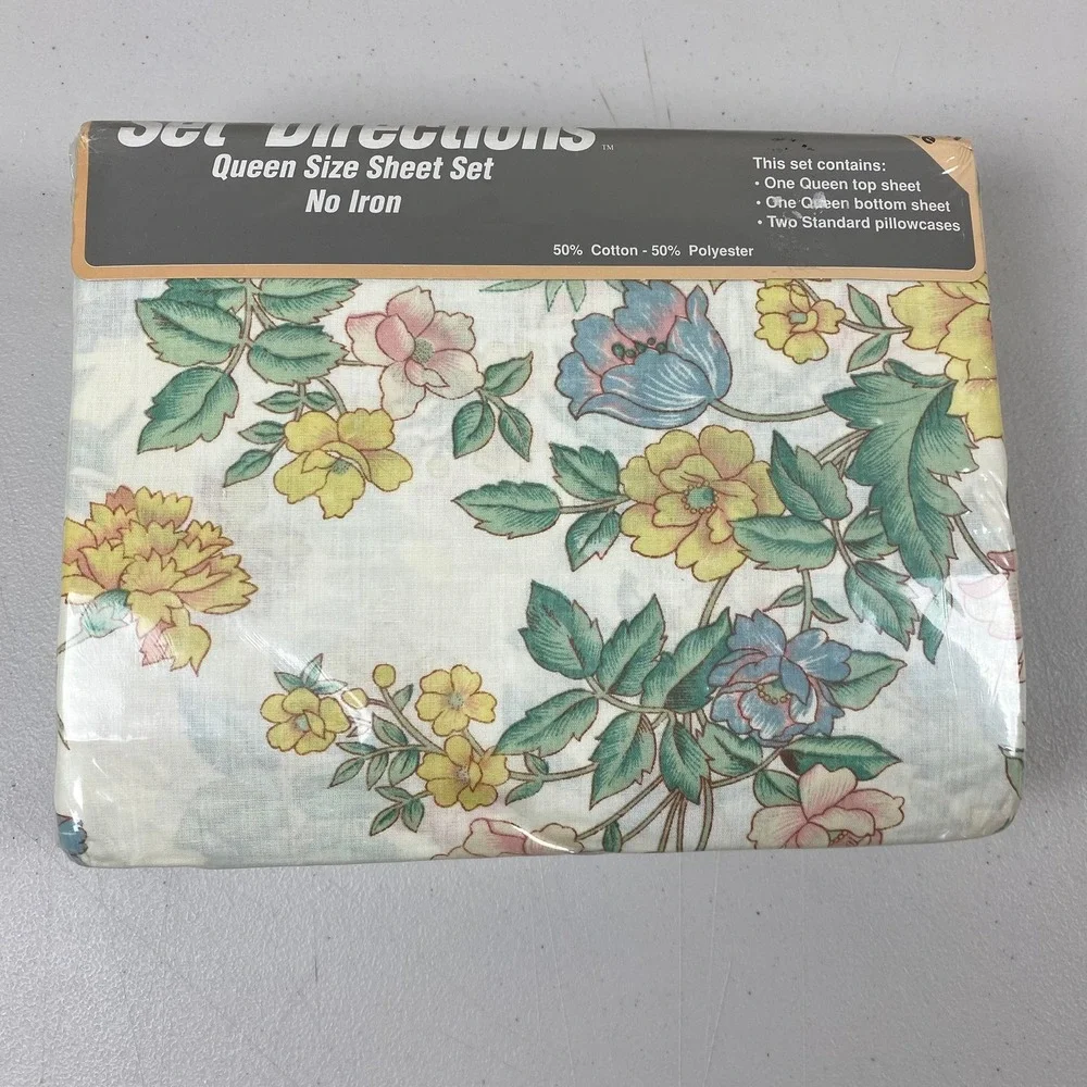 Vtg 80s Directions Queen Sheet Set Cotton Blend Floral White Yellow Blue No Iron